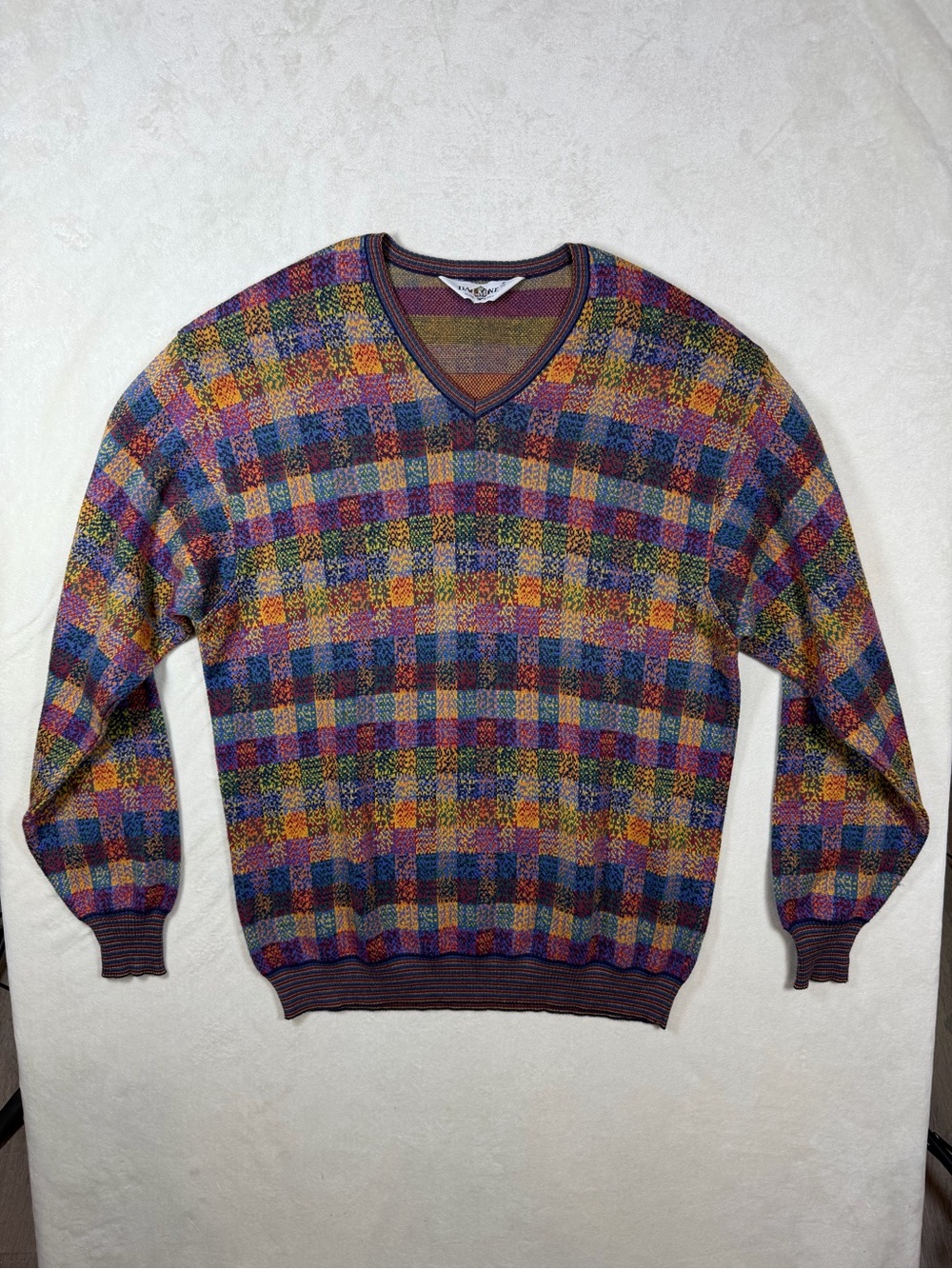 Men's Dalmine Medium Made in Italy Multicolor V-Neck Sweater Classic Plaid Knit